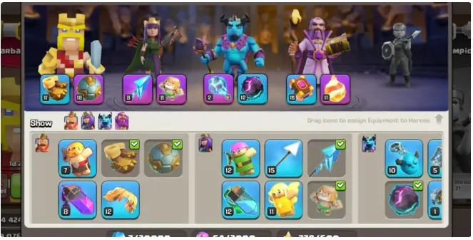 COC278 TH12 All Max Ber Epic Equipment Spiky Ball 18 Frozen Arrow 8 Action Figure 8 Meteor Staff 2 Fireball 11 King 64 Queen 64 Warden 40 Champ 40 Gems 1880 Builder Hall 6